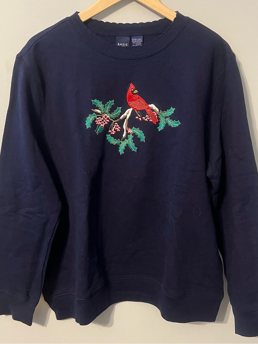 Vintage Christmas Cardinal Crewneck Women’s XL Navy Embroidered Sweatshirt NWT